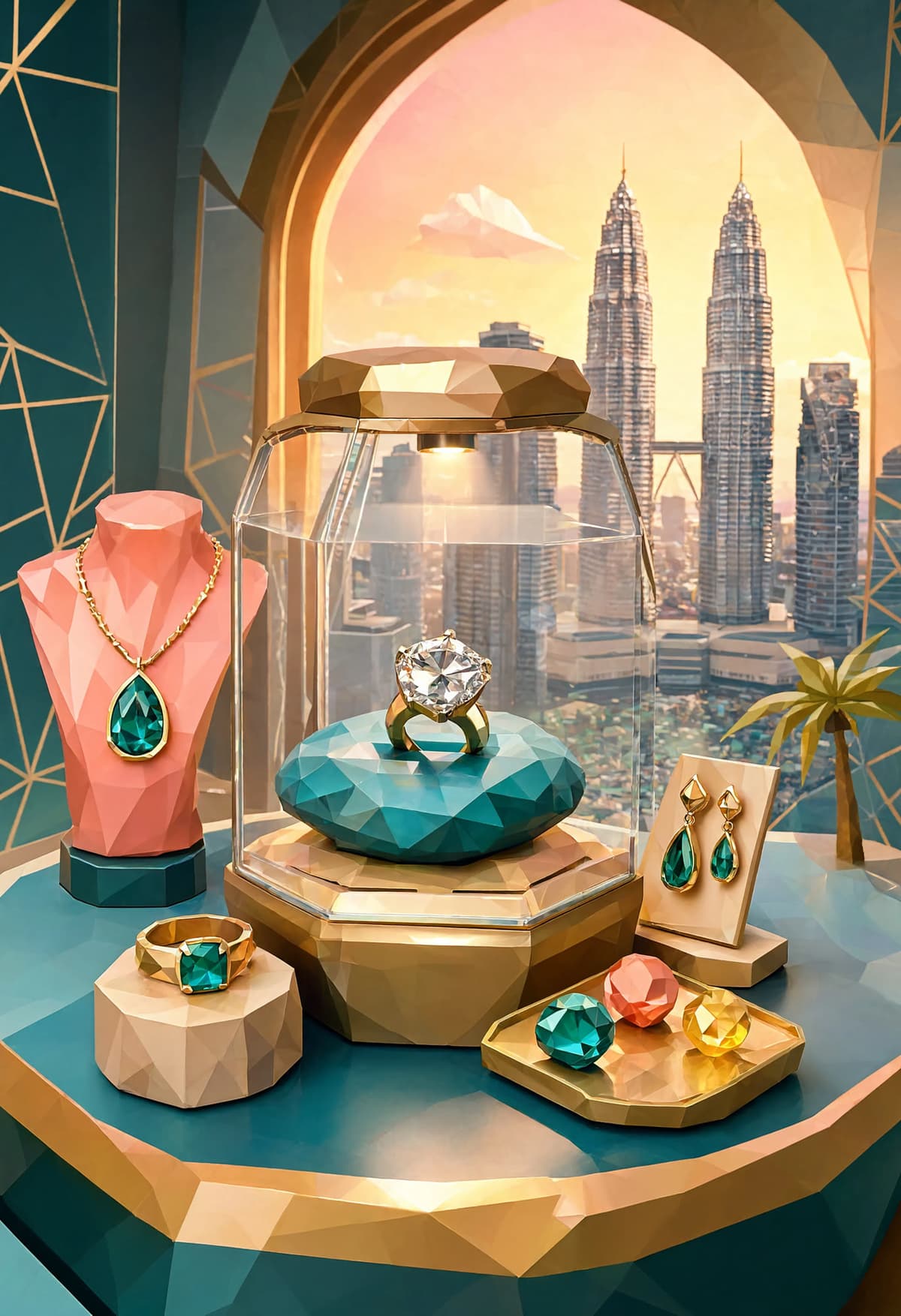 Gold and diamond jewellery on display in a Malaysian jeweller