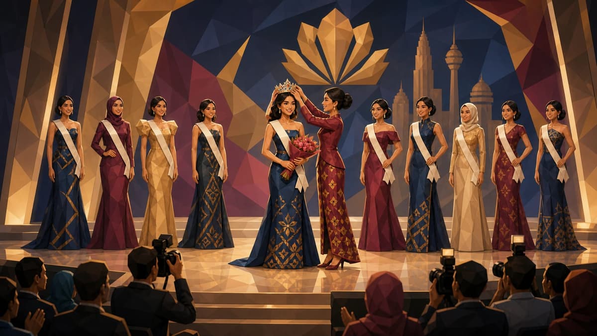 A newly crowned Malaysian beauty queen in a batik gown being crowned on stage, with fellow contestants and the Kuala Lumpur skyline behind
