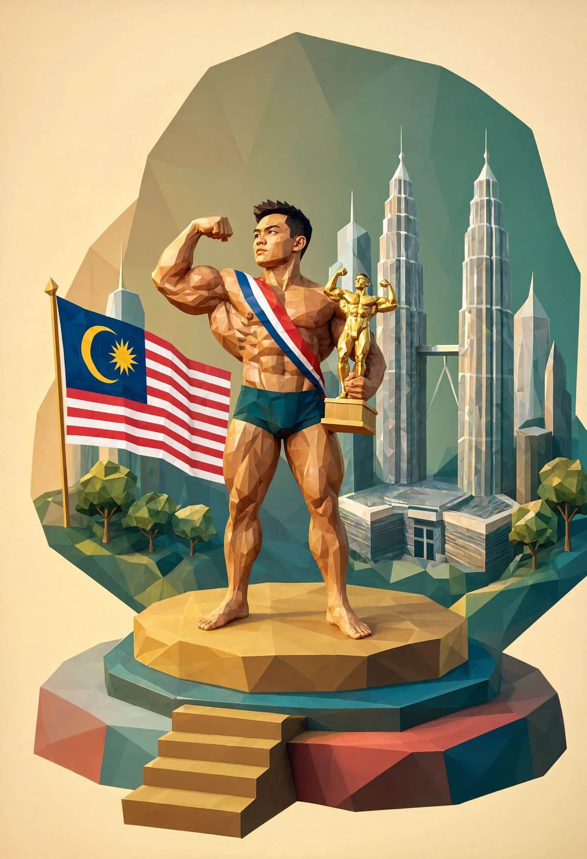 A muscular bodybuilder hitting a front double biceps pose under stage lights at a Malaysian physique competition