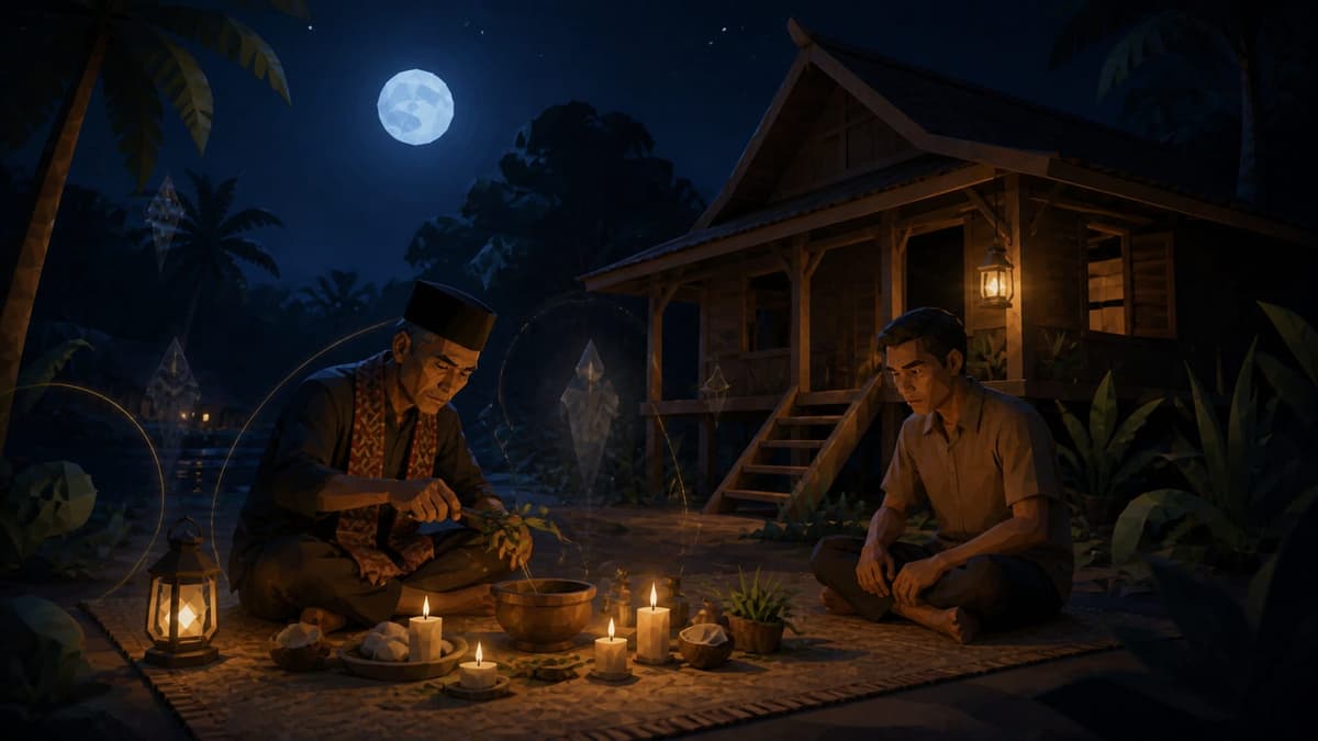 A Malay bomoh performing a traditional healing ritual by candlelight with a client outside a wooden kampung house at night
