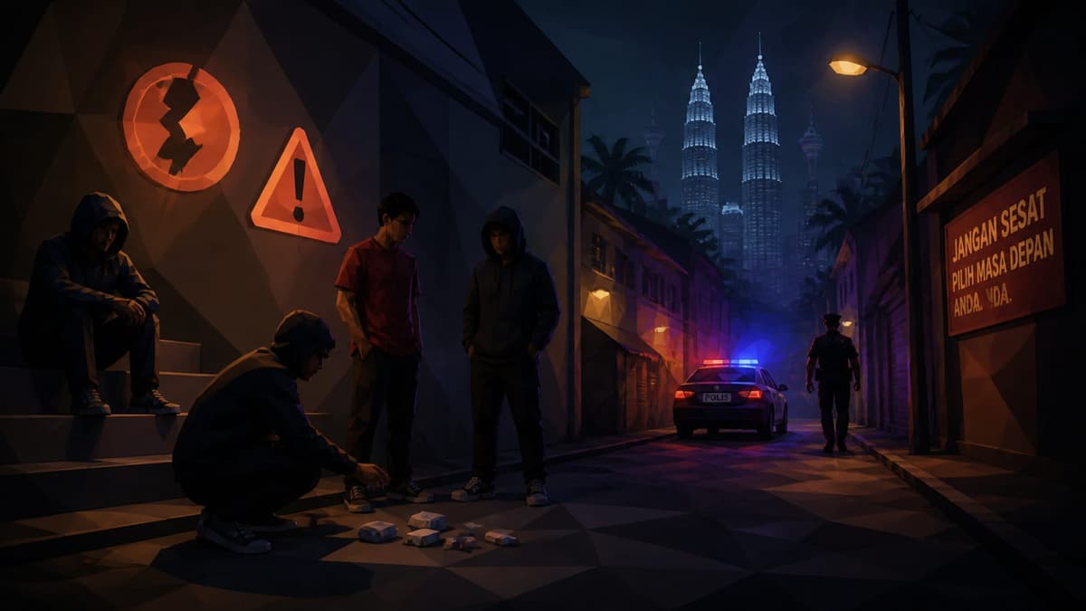 A dim Kuala Lumpur back-alley at night with a police car and a warning sign, reflecting Malaysia's strict drug enforcement